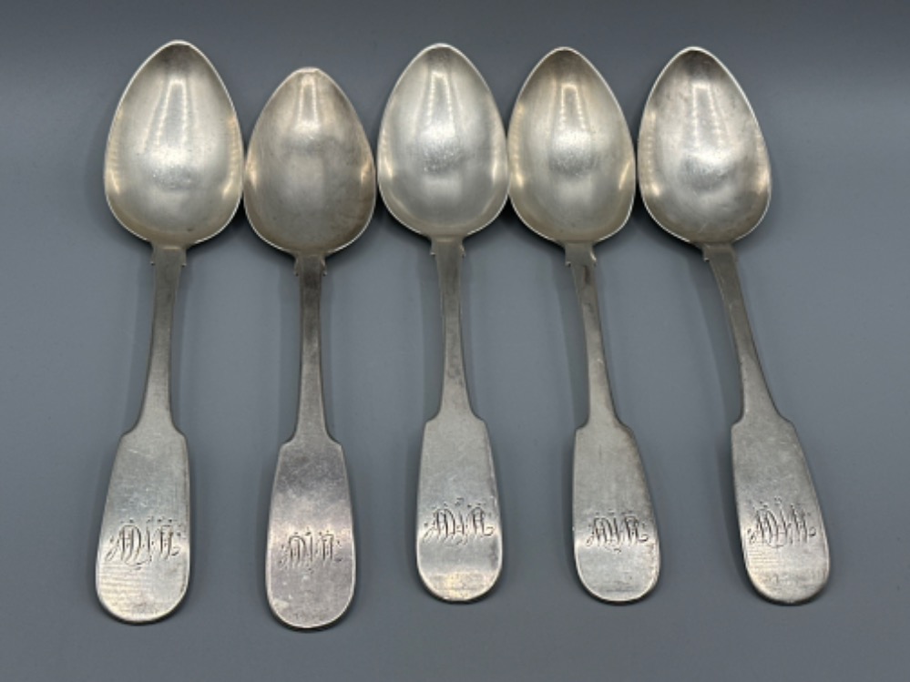 Five Georgian silver table spoons with fiddle pattern handles by Thomas Watson, Newcastle, 1801 or