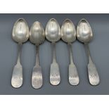 Five Georgian silver table spoons with fiddle pattern handles by Thomas Watson, Newcastle, 1801 or