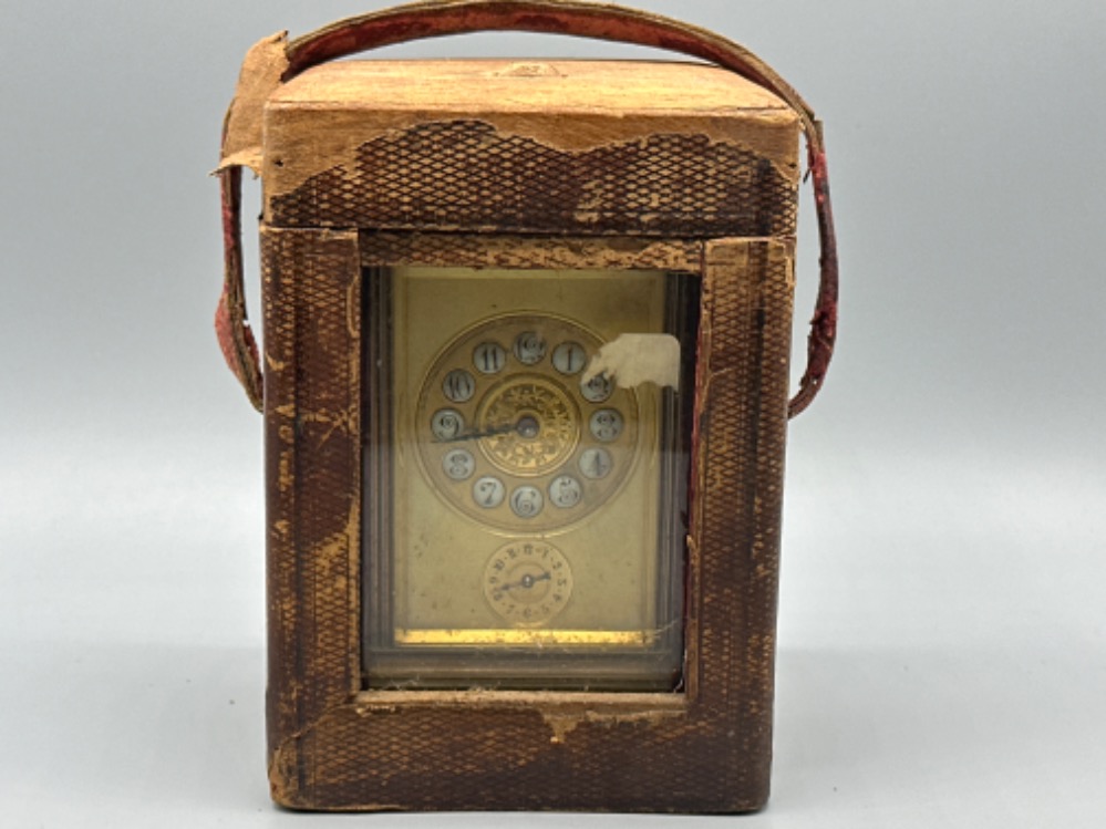 19th century brass carriage clock with enamelled circular dials & original hands, bevelled glass - Image 4 of 4