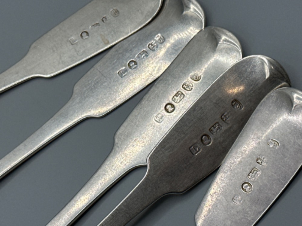 Five Georgian silver table spoons with fiddle pattern handles by Thomas Watson, Newcastle, 1801 or - Image 2 of 3