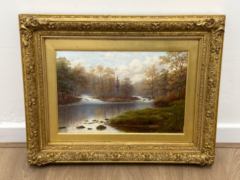 19th century William Mellor (1851-1931) oil on canvas painting of a Yorkshire river scene, gilt