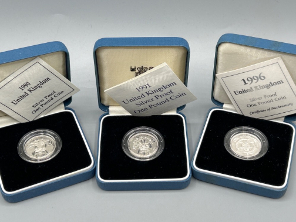 3 Royal mint UK silver proof £1 coins, 1990,1991 & 1996 all in original boxes with certificates - Image 2 of 3