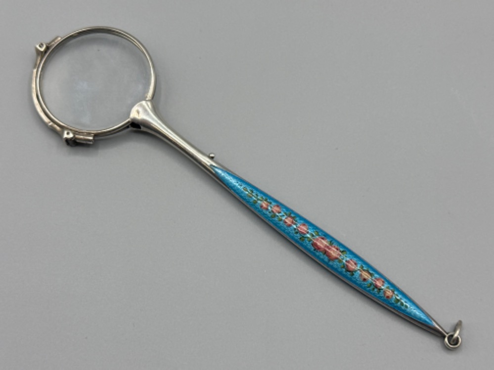 Continental silver & enamel Lorgnettes, with rose decoration, stamped 830, length 16cm - 27.5G gross