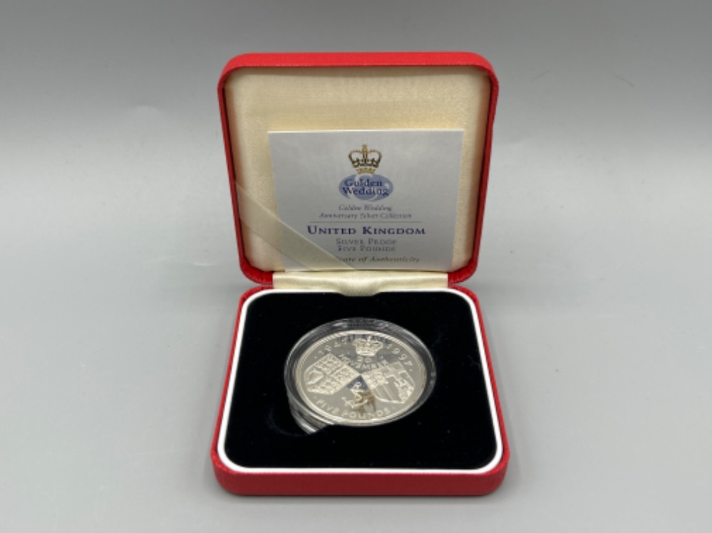 Royal mint UK silver proof £5 Golden wedding anniversary coin. In original box with certificate