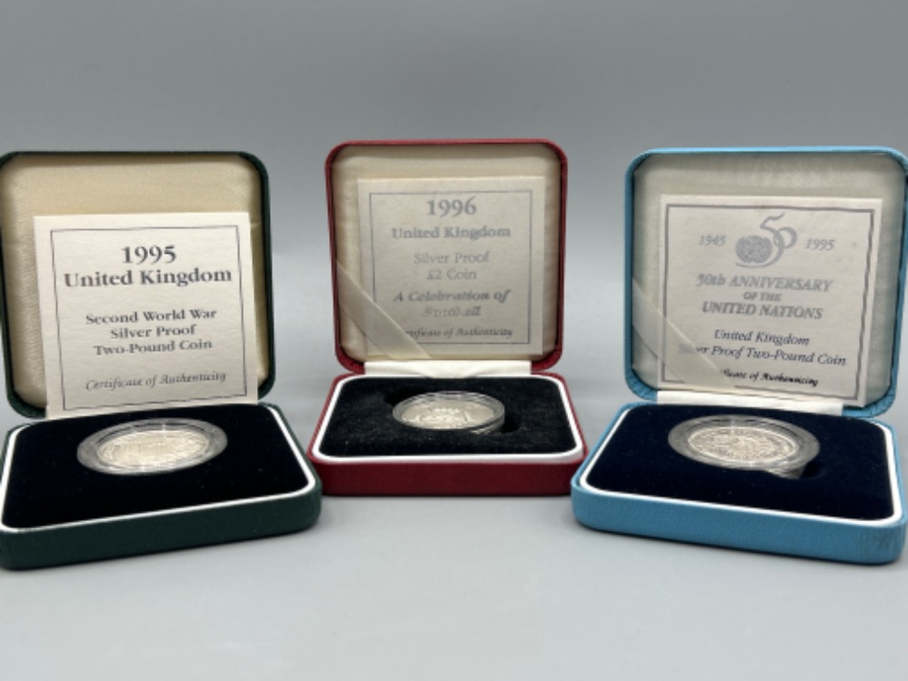 3 Royal mint UK silver proof £2 coins, WWII, Celebration of Football and 50th anniversary of - Image 2 of 3