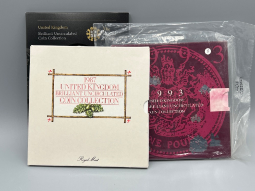 3 Royal mint UK Brilliant uncirculated coin collections, 1987, 1993 and Emblems of Britain - Image 2 of 2