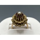 Ladies 9ct gold Pearl and Garnet cluster ornate ring, size P1/2 (5.87g)