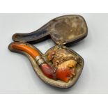 Antique Meerschaum smoking pipe, with a brilliant hand carved elegant lady design & amber stem,