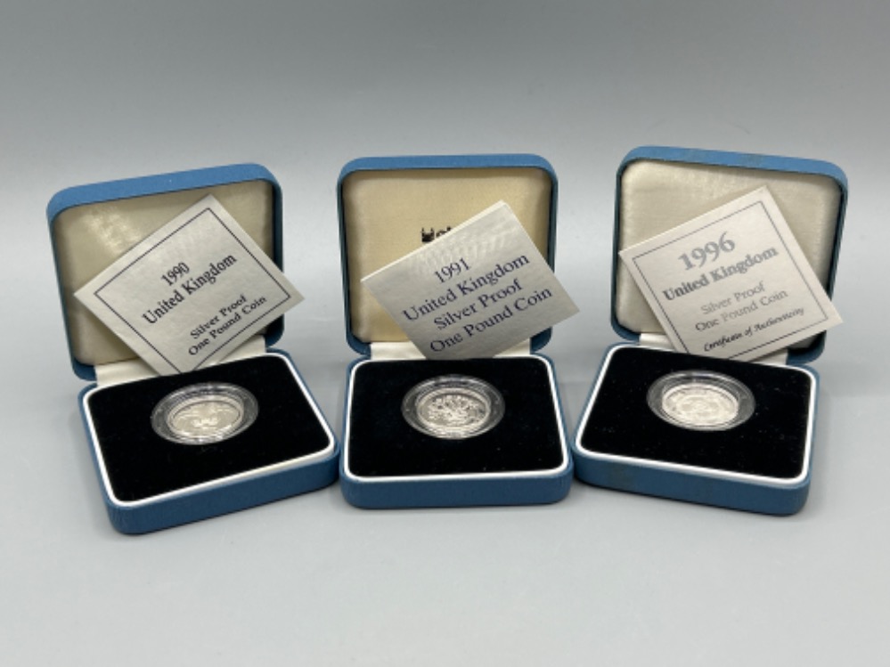 3 Royal mint UK silver proof £1 coins, 1990,1991 & 1996 all in original boxes with certificates