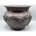 Antique Chinese bronze jardiniere plant pot with well detailed bird design, marked to base -