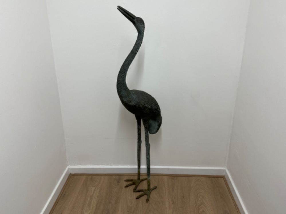 Large Hollywood Regency style bronze crane statue - Grand scale garden art - Height 152.5cm x 38cm