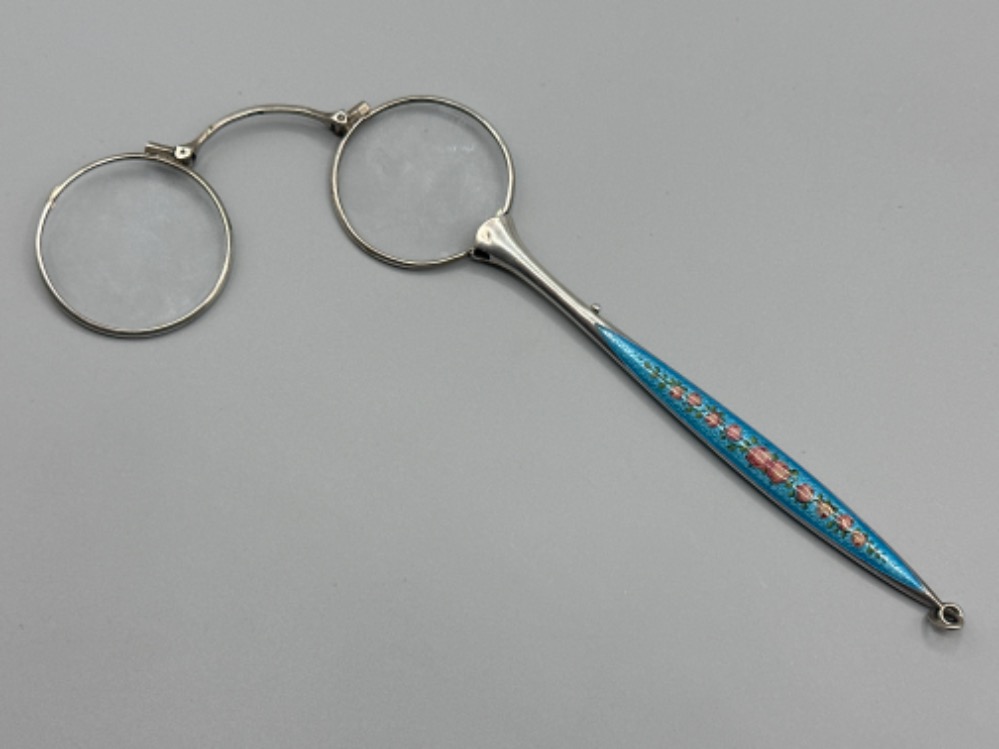 Continental silver & enamel Lorgnettes, with rose decoration, stamped 830, length 16cm - 27.5G gross - Image 2 of 3