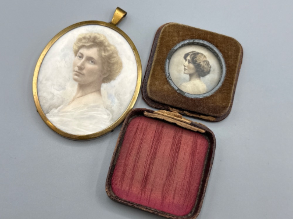 An Edwardian miniature watercolour “portrait of a well dressed lady” 7x5.5cm, in gilt metal frame