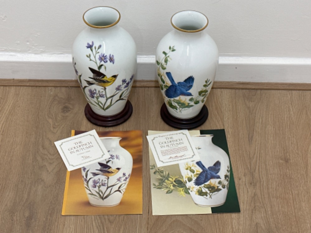 Pair of limited edition Franklin mint vases, includes “the blue birds of summer & the gold finch