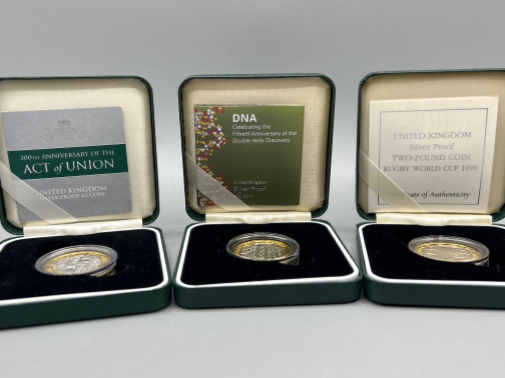 3 Royal mint UK silver proof £2 coins, DNA, 300th Anniversary of the Act of Union and 1999 Rugby - Image 2 of 4