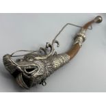 Authentic Tibetan ritual instrument made from plated carved copper, this Kangling horn was made in