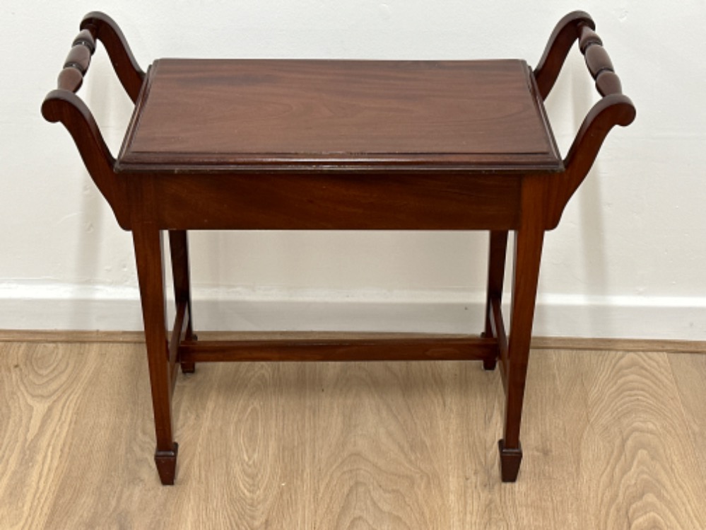 Wide mahogany piano stool with under seat storage