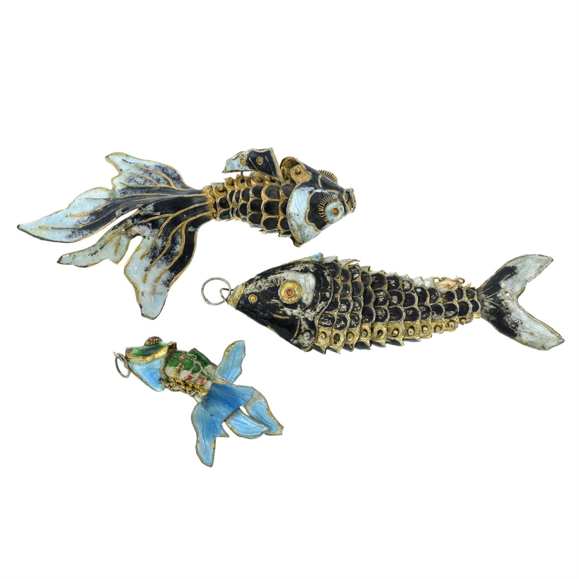 Three articulated enamel koi fish pendants.