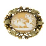 A late 19th century shell cameo brooch, depicting Cupid riding in a chariot drawn by swans.