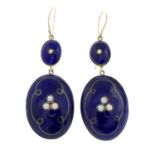 A pair of late 19th century blue enamel and split pearl drop earrings.