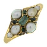 A late 19th century gold split pearl and green gem dress ring.