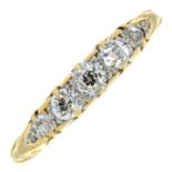 A late Victorian 18ct gold old-cut diamond five-stone ring, with rose-cut diamond terminals.