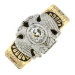 A late Victorian 14ct gold old-cut diamond and enamel Masonic Scottish Rite 'Double Eagle' ring.