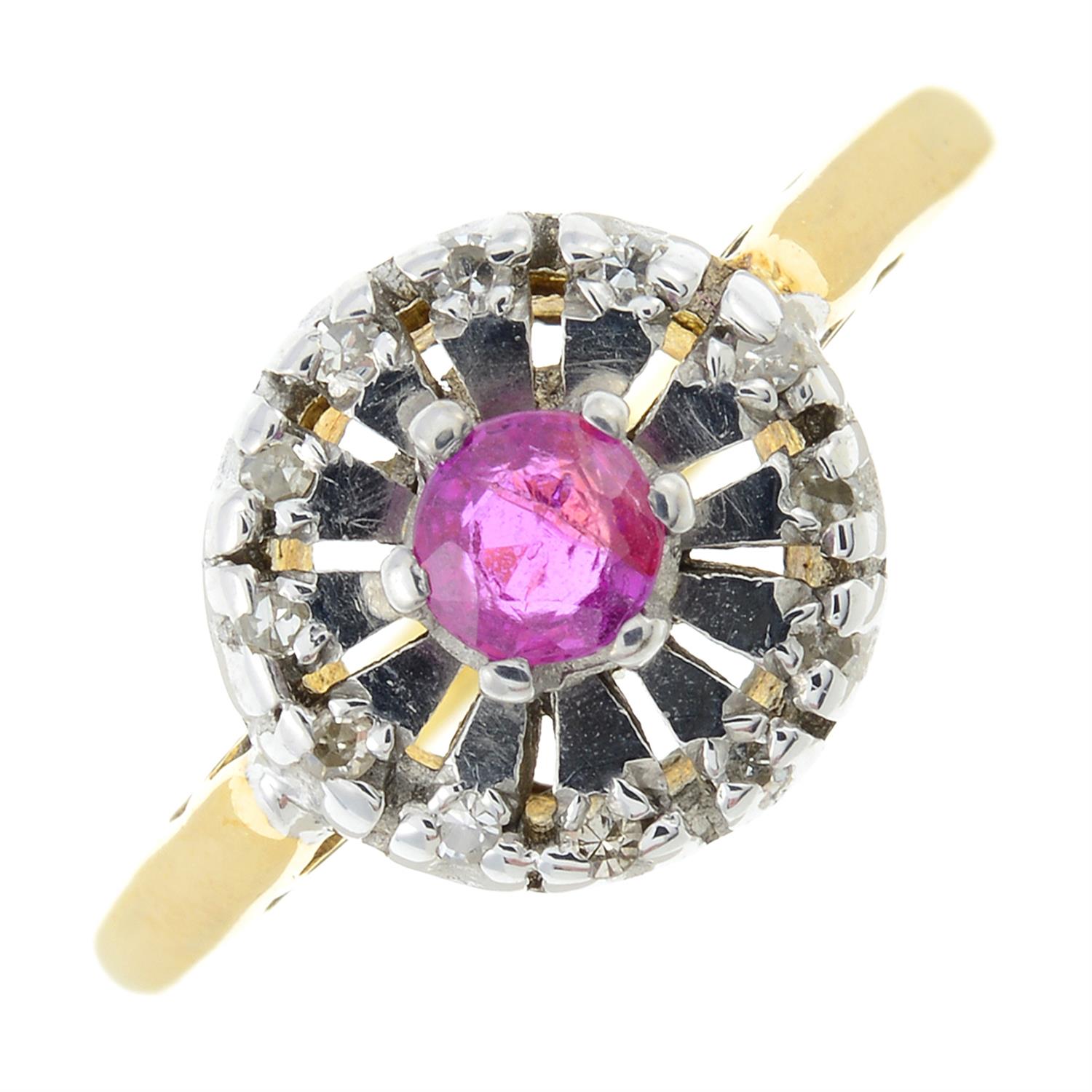 A 1970s 18ct gold ruby and single-cut diamond cluster ring.