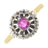 A 1970s 18ct gold ruby and single-cut diamond cluster ring.