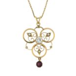 An early 20th century 9ct gold, old-cut diamond, split pearl and garnet pendant, with later chain.