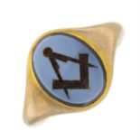 An early 20th century 9ct gold chalcedony intaglio Masonic signet ring.