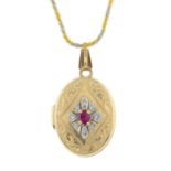 A 9ct gold synthetic ruby and colourless gem locket, with chain.