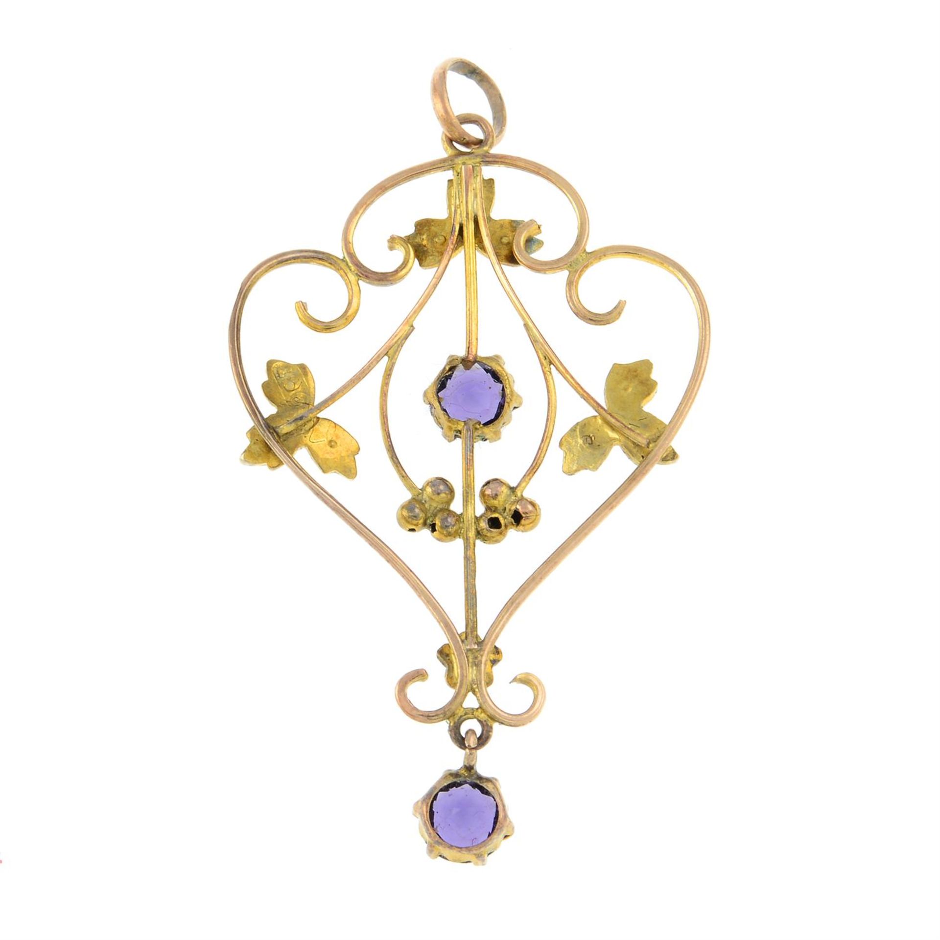 A late Victorian 9ct gold split pearl and amethyst openwork pendant. - Image 2 of 2