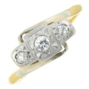 An early 20th century 18ct gold and platinum diamond three-stone ring.