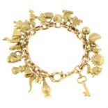 A 9ct gold charm bracelet, suspending twenty-five charms.
