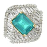 A 14ct gold synthetic emerald and diamond dress ring.