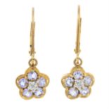 A pair of iolite and diamond floral drop earrings.