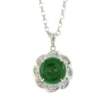 A jade and diamond circular pendant, with 9ct gold trace-link chain.
