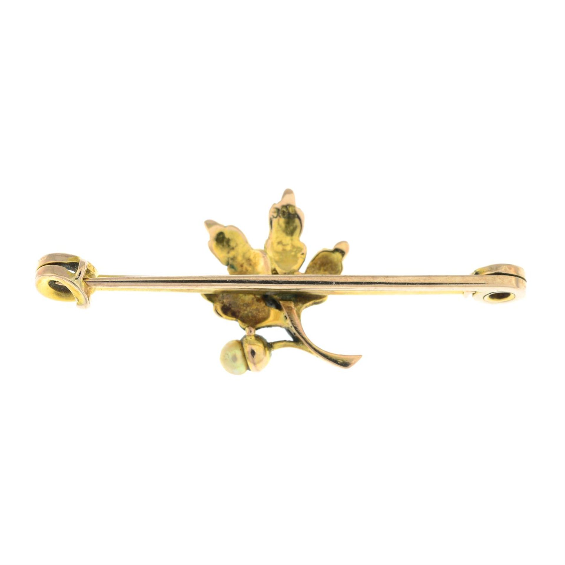 An early 20th century 9ct gold gold seed pearl bar brooch, depicting an oak leaf and acorns. - Image 2 of 2