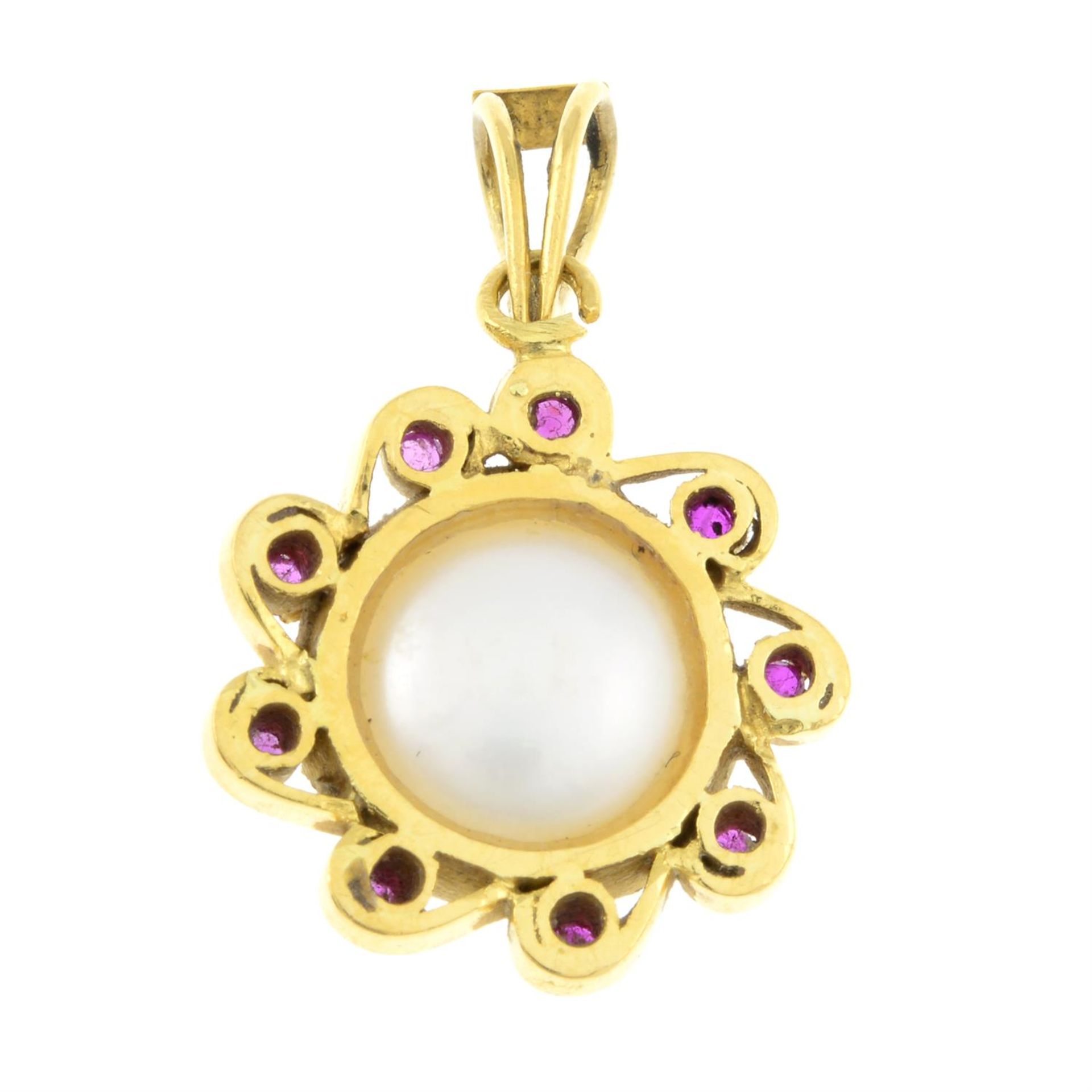 A mabe pearl and synthetic ruby cluster pendant. - Image 2 of 2