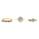 Three 9ct gold gem-set rings.