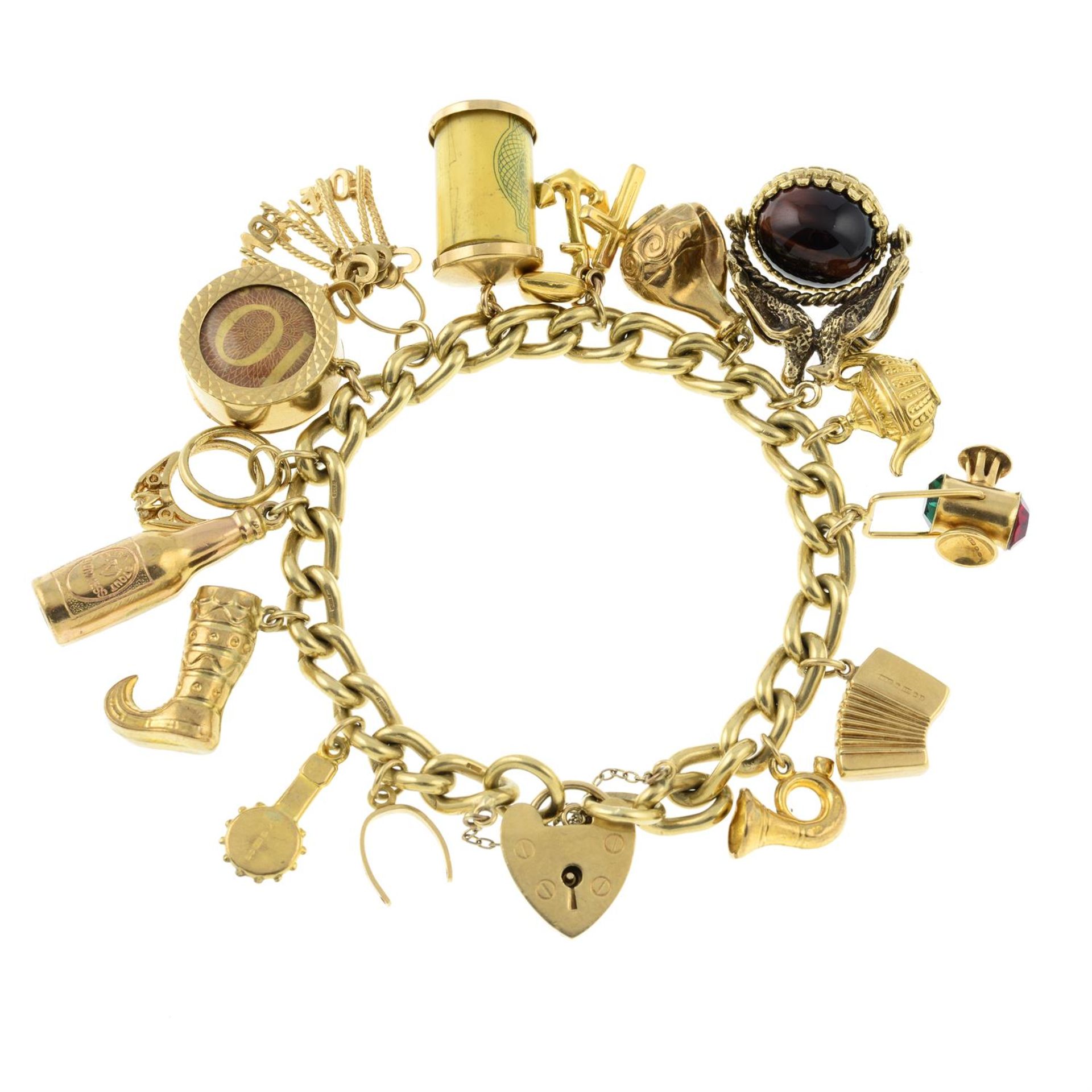 A 9ct gold curb-link charm bracelet, suspending fifteen charms, gathered at a 9ct gold clasp.