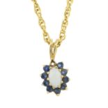 A 9ct gold opal and sapphire cluster pendant, with chain.