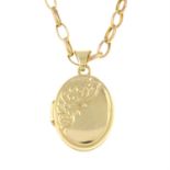 A 9ct gold engraved locket, with belcher-link chain.