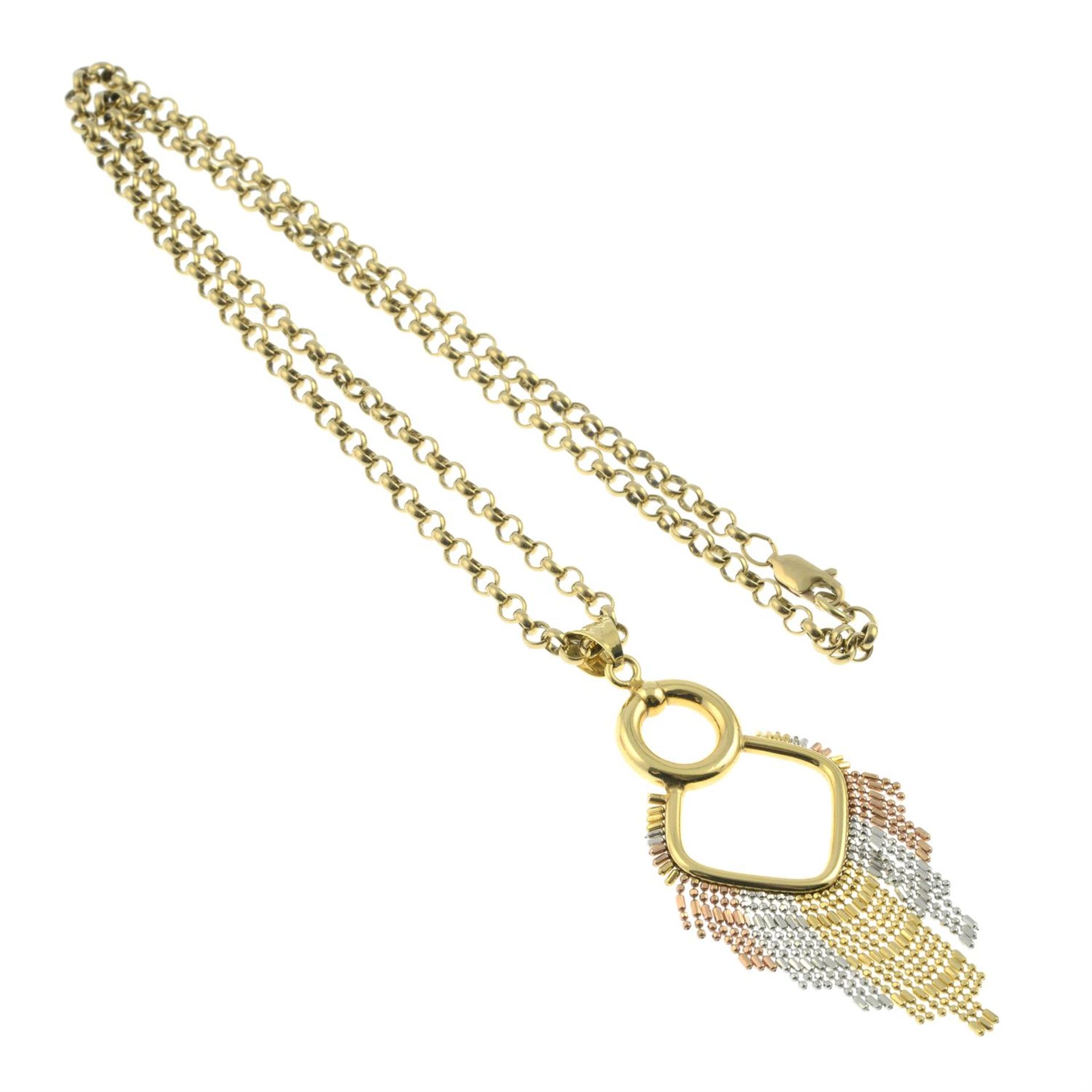 A 9ct gold tricolour drop pendant, with 9ct gold belcher-link chain. - Image 2 of 2