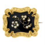 A 19th century gold gold rose-cut diamond, split pearl and onyx mourning brooch, depicting a