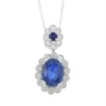 An 18ct gold sapphire and diamond drop pendant, with trace-link chain.