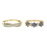 Two 9ct gold diamond and sapphire rings.