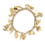 A mid 20tth century charm bracelet, with heart-shape clasp, suspending fifteen charms.