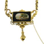 A late 19th century micro mosaic pendant, suspended from a late Georgian chain.
